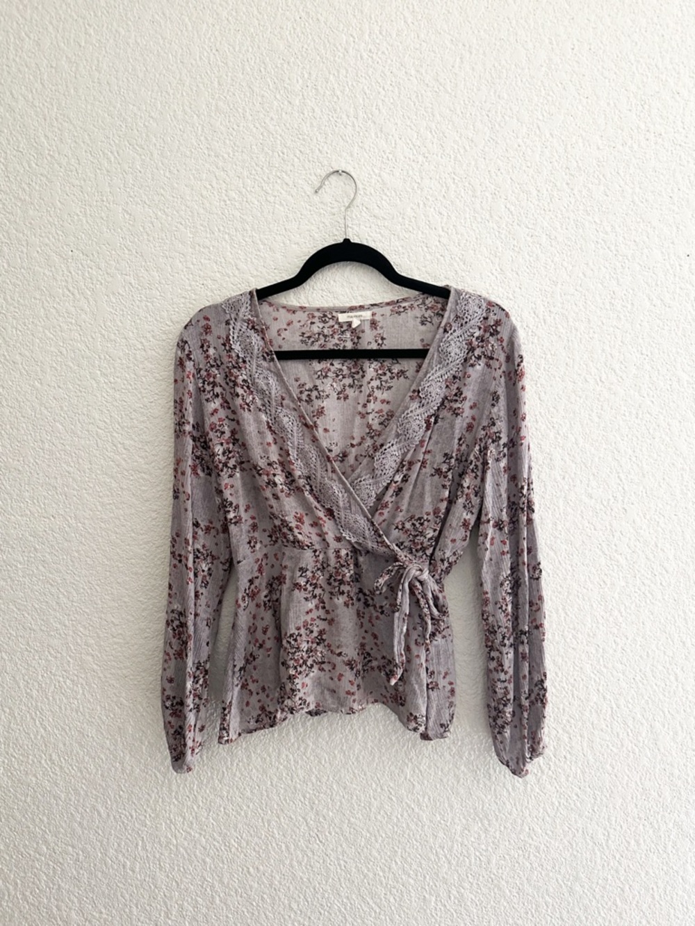 Maurices Lavender Floral Lace-Trim Wrap Blouse